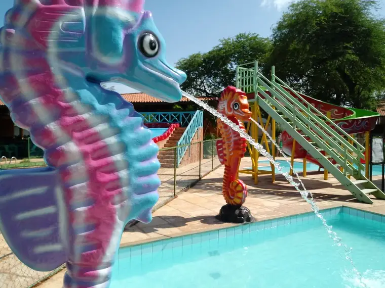 Fonte em forma de cavalo-marinho na área infantil.